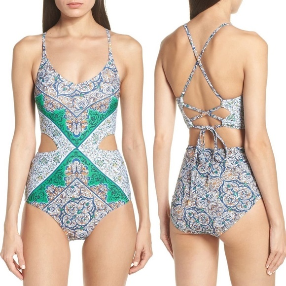 Tory Burch Womens Mixed Print Cut Out One Piece Strappy Swim Suit Size M - Picture 1 of 10